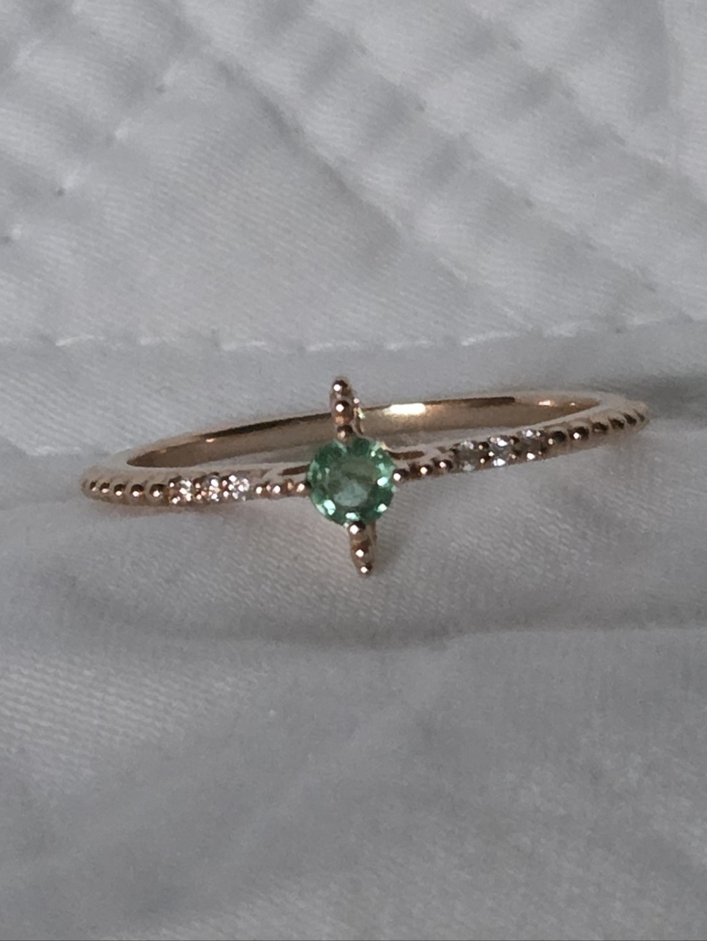 18k Rose Gold Ring with Emerald Green Center Stone and Accent Diamonds